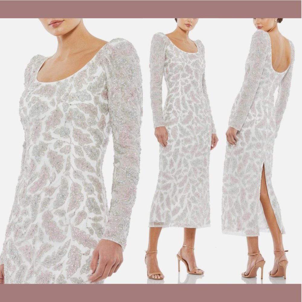 NWT $538 Mac Duggal‎ [ 6 ] Foliage Embellished Midi Sheath Dress Ivory